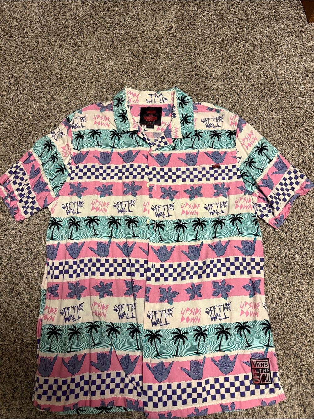 Vans Pink, Teal & Navy Surf Pattern Short Sleeve Button-Up Shirt